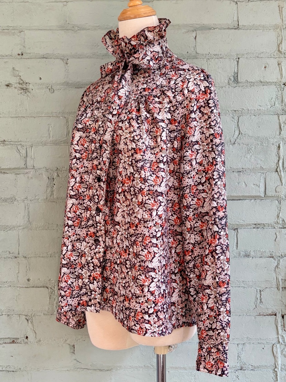Vintage Floral Ruffle Tie-Neck Blouse - Orange/Black
